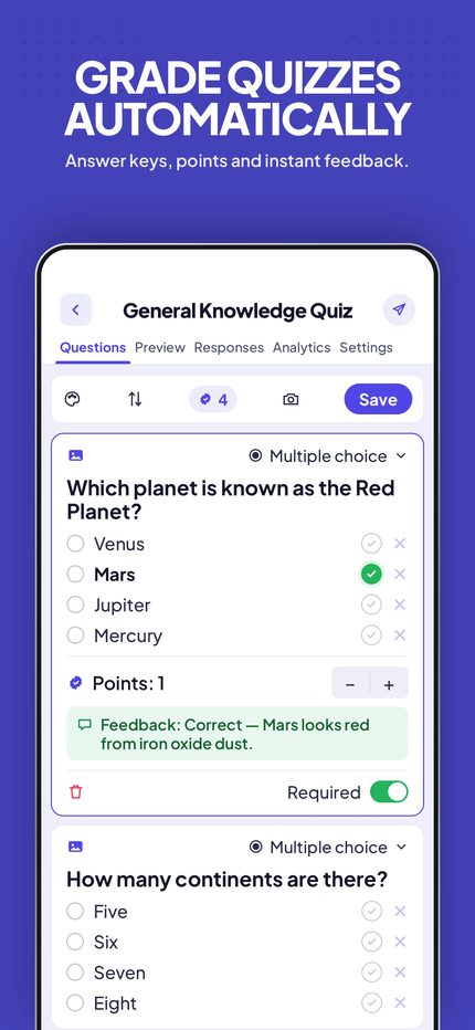 A quiz question with an answer key, points and instant feedback